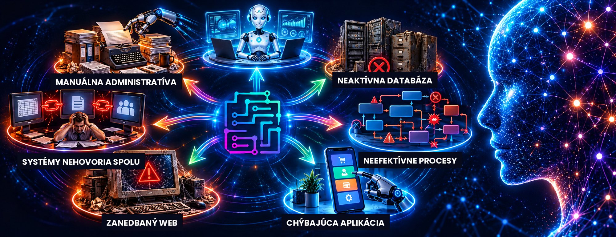 Šesť najčastejších problémov firiem, ktoré rieši AI: manuálna administratíva, neaktívna databáza, systémy, čo spolu nehovoria, neefektívne procesy, zanedbaný web a chýbajúca aplikácia