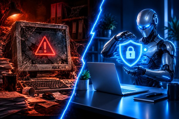 Zastaraný a zraniteľný web oproti modernému webu so zabezpečením, aktualizáciami a zálohami